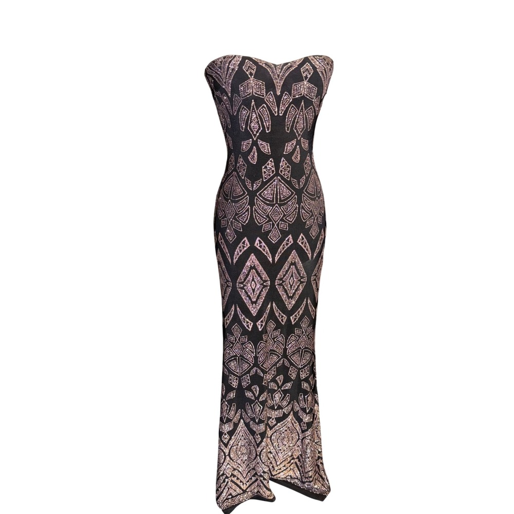 Jump Apparel Strapless Maxi Dress Womens Small 1/2 Black Gold Geometric Good